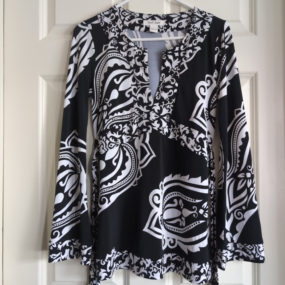 Black and white boho paisley tunic tie top with bell sleeves